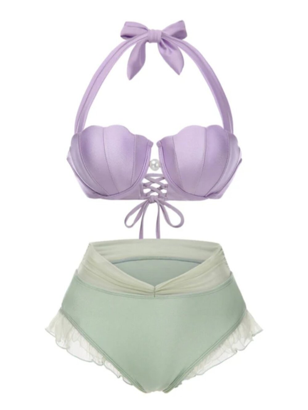 NWT Retro Stage Green Lavender 1970s Mermaid Shell Halter Bikini Set - Medium